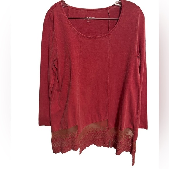 Soft Surroundings red lace bottom 100% cotton long sleeved tunic top - Picture 3 of 7